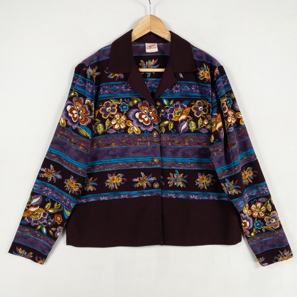 Vintage G.W. Button Up Shirt Women Sz Medium Purple Floral Print Collared